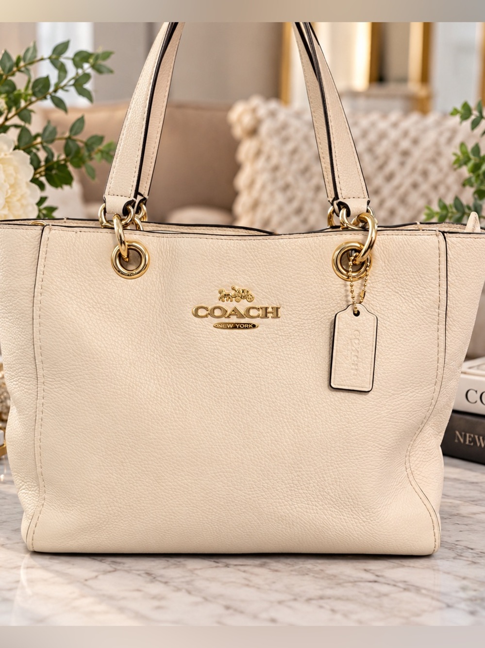 Coach Cream Ivory Pebbled Leather Tote Bag Gold Hardware Shoulder Bag